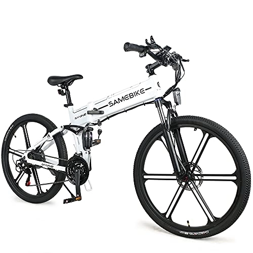 Electric Bike : SAMEBIKE 26'' Electric Bike for Adult, LO26-II with 48V 10.4AH Removable Lithium-Ion Battery, Folding City Commuter Electric Bicycle, 21-Speed (White)