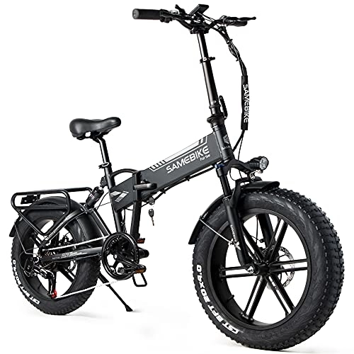 Electric Bike : SAMEBIKE Electric Bike for AdultsCommuter Folding Snow Mountain Fat Tire E-Bike 20'' 4.0 Removable Battery 7 Speed Gears Ebike for Men Women Quick Delivery, Black