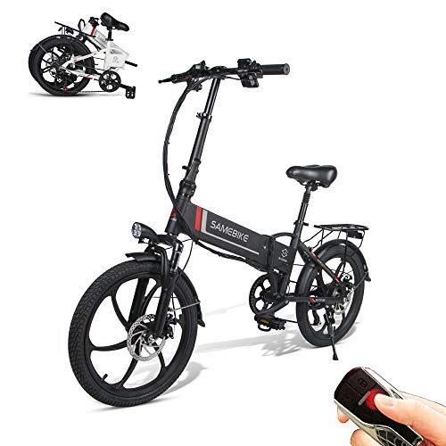 Electric Bike : Samebike Electric Bike with Remote Control 20'' Aluminum Pro Smart Folding Portable E-Bike, 48V 10AH Lithium Battery, with LCD Data Display Phone Holder, USB 2.0 Charging Port, 25lbs (Black)
