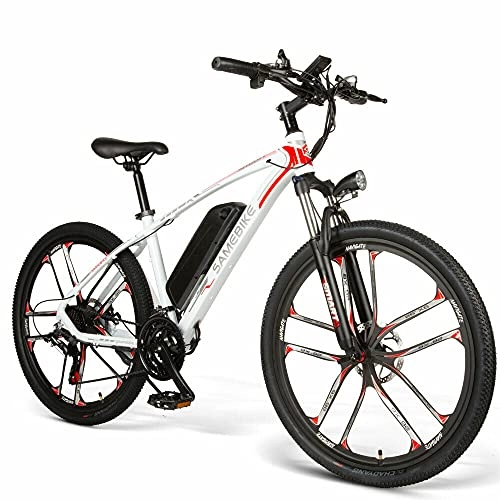 Electric Bike : SAMEBIKE MY-SM26 Electric Mountain Bike 48V8AH Commuter Bicycle 26 inch 21 Speed Magnesium Alloy Wheel for Adults (White)