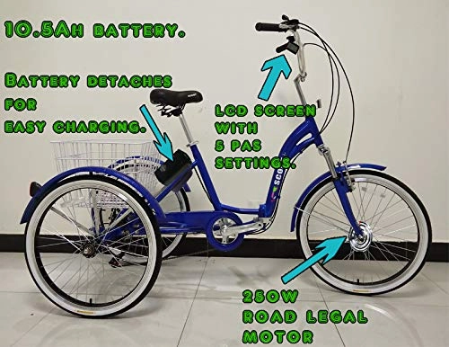 Electric Bike : SCOUT Electric tricycle, folding frame, aluminium, 6 gears, electric trike, 250w motor (Blue)