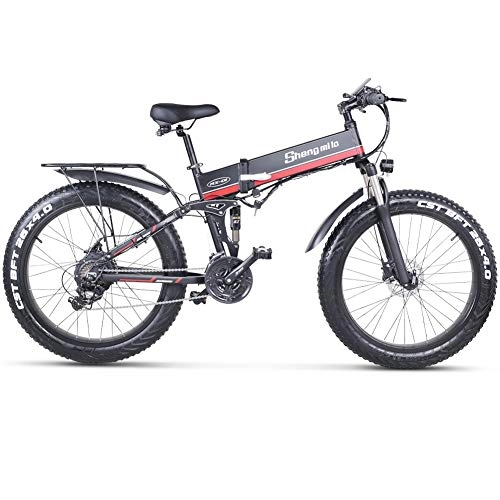 Electric Bike : sheng milo 1000W Fat Electric Bike 48V Mens Mountain E bike 21 Speeds 26 inch Fat Tire Road Bicycle Snow Bike Pedals with Hydraulic Disc Brakes and Full Suspension Fork