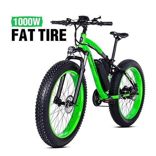 Electric Bike : Shengmilo 1000W Motor 26 Inch Mountain E- Bike, Electric Bicycle, 4 inch Fat Tire, Only One 17AH Battery Included(GREEN)