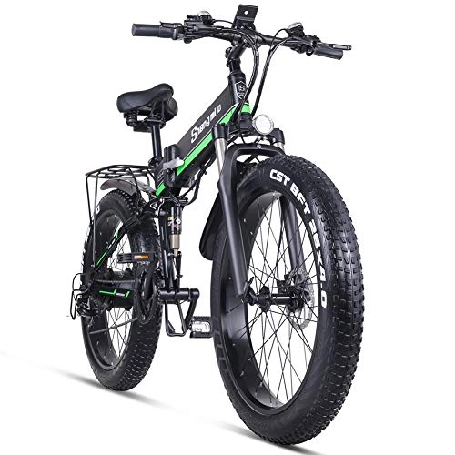 Electric Bike : Shengmilo 26" Electric Bike Adults, 4” Fat Tire Mountain Electric Bike, Removable 48V / 10Ah Lithium Battery, Shimano 21-Speed, Suspension Fork with Lock (GREEN)