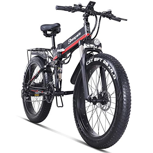 Electric Bike : Shengmilo 26" Electric Bike Adults, 4” Fat Tire Mountain Electric Bike, Removable 48V / 10Ah Lithium Battery, Shimano 21-Speed, Suspension Fork with Lock (RED)