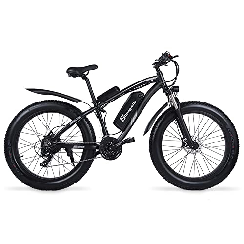 Electric Bike : SHENGMILO Adult Folding Electric Bicycle, 26 * 4.0 Fat Tire Electric Bicycle with 1000W Motor 48V 17AH Battery, Commuter or Mountain Bicycle, 7 / 21 Shift Lever Accelerator (Black, 1000W)