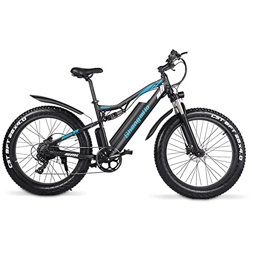 Electric Bike : SHENGMILO Adult Folding Electric Bicycle, 26 * 4.0 Fat Tire Electric Bicycle with 750W / 1000W Motor 48V 17AH Battery, Commuter or Mountain Bicycle, 7 / 21 Shift Lever Accelerator (Blue, 750W+A battery)