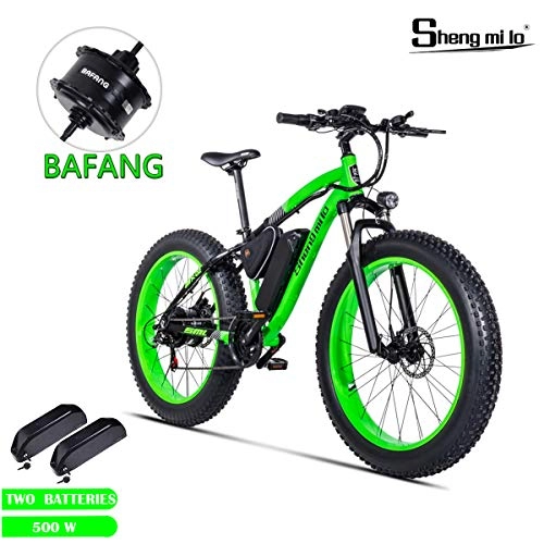 Electric Bike : Shengmilo Bafang Motor Electric Bicycle, 26 Inch Mountain E- Bike, 4 inch Fat Tire, Two Batteries Included (Green)