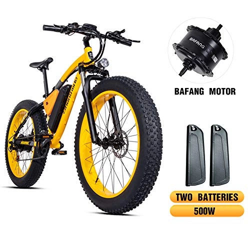Electric Bike : Shengmilo Bafang Motor Electric Bicycle, 26 Inch Mountain E- Bike, 4 inch Fat Tire, Two Batteries Included (YELLOW)