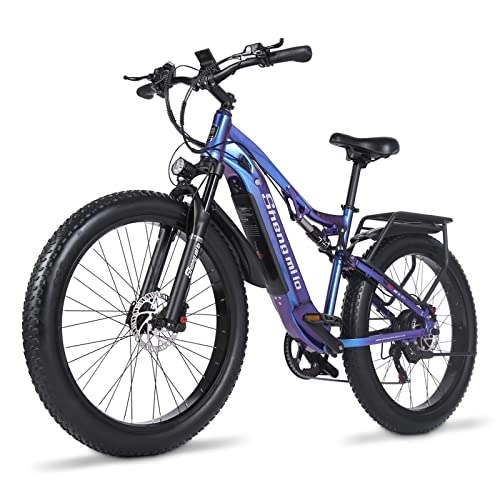 Electric Bike : Shengmilo Electric Bike, 26" Fat Tire Electric Bikes for Adults, Full Suspension Electric Mountain Bike with Aluminum Alloy Frame, 48V LG Built-in Battery, NEW-MX03