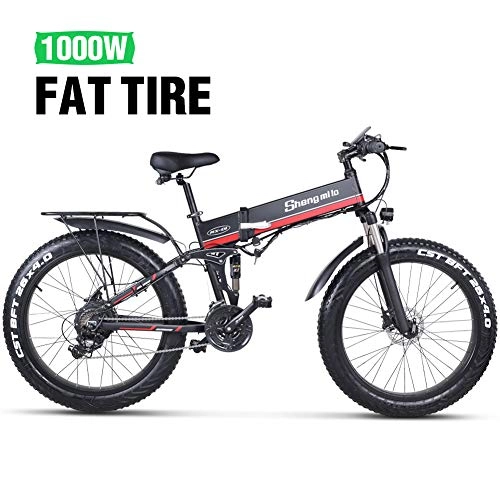 Electric Bike : shengmilo electric e bike mountain bicycle lithium battery motor ebike folding Shimano Aluminum Frame Fat Tire 26 inch 21 Speed 48V 1000W adult MX01(red)