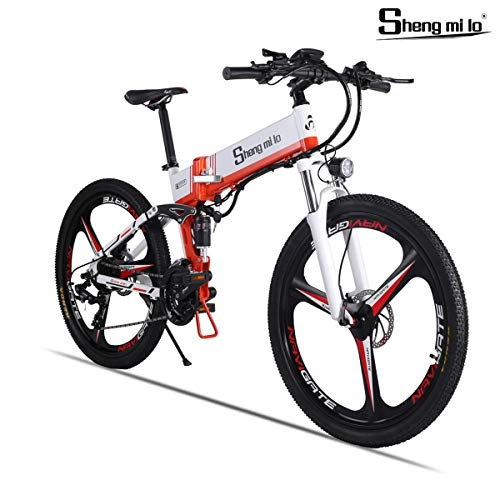 Electric Bike : Shengmilo Electric Foldable Bike, SHIMANO 21 Speed, 26 Inch Mountain Road E- Bike, 1 PCS 13AH Lithium Battery Included (White-integrated-wheel)