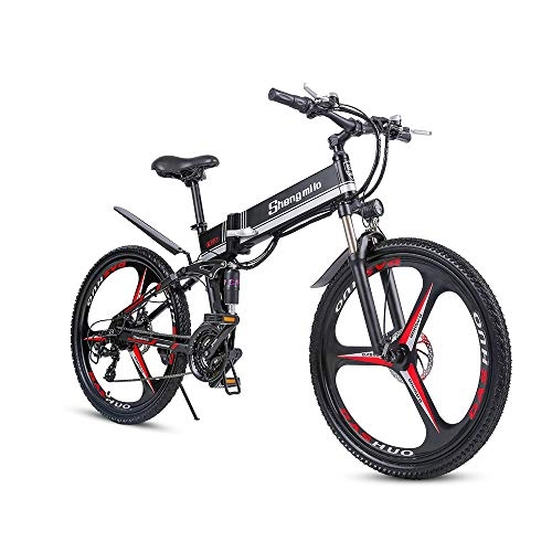 Electric Bike : Shengmilo Electric Folding City Bike Adults for Commuting, 250W 26” Ebike with 21-Speed 36V Removable Lithium-ion Battery, Lockable Suspension Fork Disc Brake (Black)