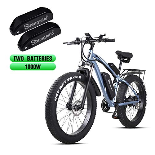 Electric Bike : Shengmilo Electric Mountain Bike 26 Inch Fat Tire 48V 1000W Motor Snow Electric Bicycle Shimano 21 Speed Electric Bicycle Pedal Assist, Lithium Battery Hydraulic Disc Brake(MX02S) (Blue(2 betteries))