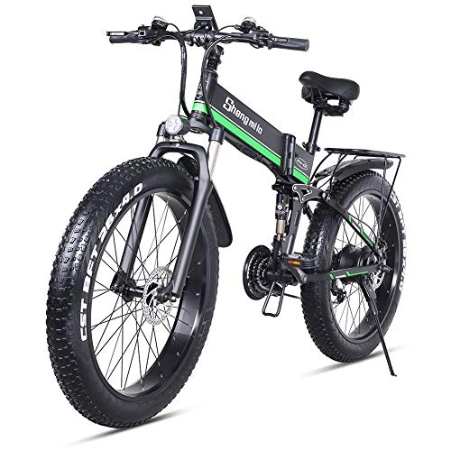 Electric Bike : Shengmilo-MX01 26 Inches Electric Snow Bike, 1000W 48V 13ah Folding Fat Tire Mountain Bike MTB Shimano 21 Speed E-bike Pedal Assist Lithium Battery Hydraulic Disc Brakes (Green)