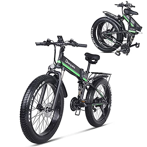 Electric Bike : SHENGMILO MX01 Adult Folding Electric Bicycle, 26*4.0 Fat Tire Electric Bicycle with 1000W Motor 48V 12.8AH Battery, Commuter or Mountain Bicycle, 7 / 21 Shift Lever Accelerator (Green, No spare battery)
