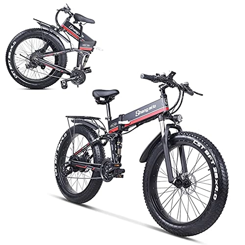 Electric Bike : SHENGMILO MX01 Adult Folding Electric Bicycle, 26 * 4.0 Fat Tire Electric Bicycle with 1000W Motor 48V 12.8AH Battery, Commuter or Mountain Bicycle, 7 / 21 Shift Lever Accelerator (Red, 1000W)