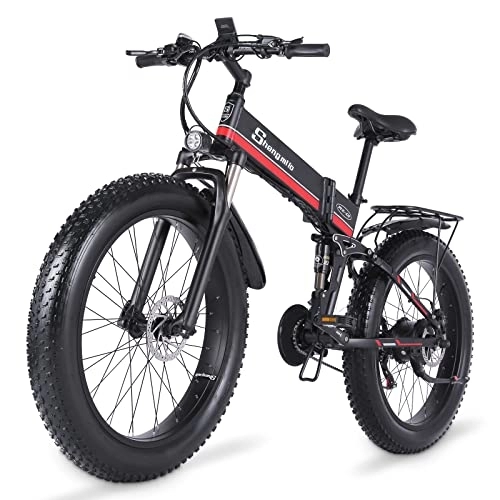 Electric Bike : Shengmilo MX01 Foldable Electric Bike, 26 Inch Wide Tire Electric Mountain Bike, Pedal Assist e Bike, Red