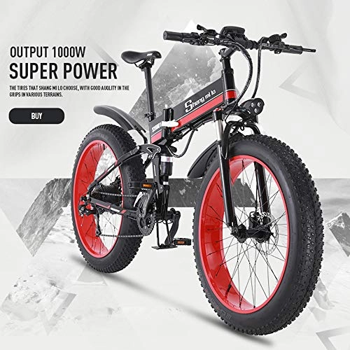Electric Bike : Shengmilo-MX01 Folding electric bike 1000w full suspension electric mountain bike fat ebike 26 * 4.0 tire (Red)