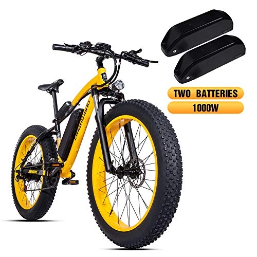 Electric Bike : Shengmilo MX02 26-inch Fat Tire Electric Bicycle, 48v 1000w Electric Snow Bicycle, Shimano 21-speed Mountain Ebike, Lithium Battery Hydraulic Disc Brake, With Two Batteries (Yellow)