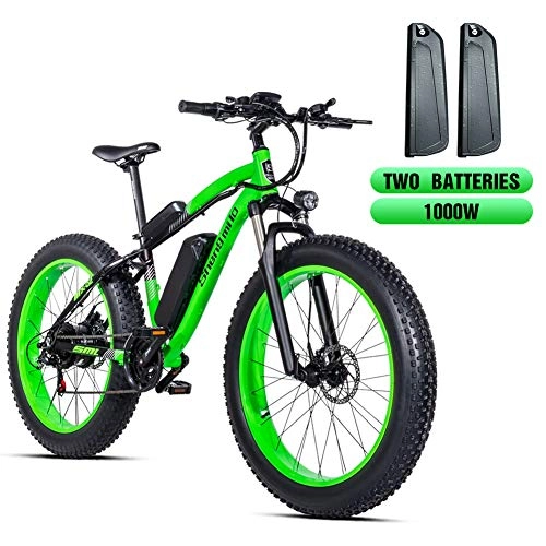 Electric Bike : Shengmilo MX02 26 Inch Fat Tire Electric Bicycle, 48V 1000W Motor Snow Electric Bicycle, Shimano 21 Speed Mountain Electric Bicycle Pedal Assist, Lithium Battery Hydraulic Disc Brake (Green)