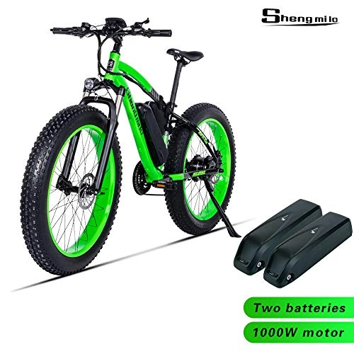 Electric Bike : Shengmilo-MX02 26inch Fat Tire Electric Bike 1000W / 500W Beach Cruiser Mens Women Mountain e-Bike Pedal Assist 48V 17AH Battery (Green(two battery), BAFANG 500W Motor)