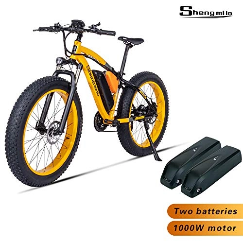 Electric Bike : Shengmilo-MX02 26inch Fat Tire Electric Bike 1000W / 500W Beach Cruiser Mens Women Mountain e-Bike Pedal Assist 48V 17AH Battery (Yellow (two battery), BAFANG 500W Motor)