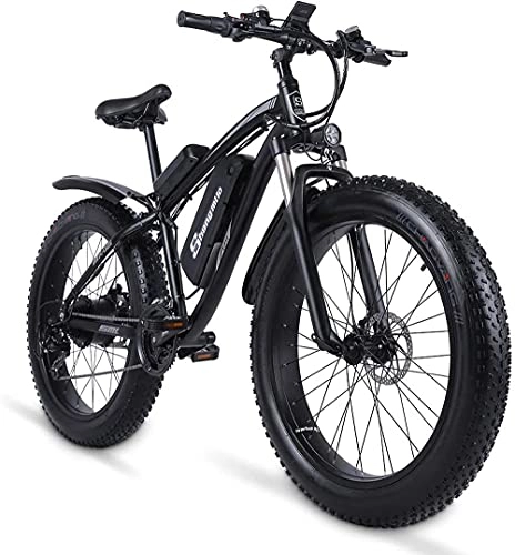 Electric Bike : Shengmilo MX02S Electric Powerful Bicycle 26”Fat Tire Bike 1000W 48V / 17AH Battery eBike Moped Snow Beach Mountain Ebike Throttle & Pedal Assist (Black, Spare battery)