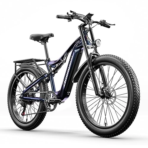 Electric Bike : Shengmilo-MX03 Electric Bike Adults, 48V 15Ah 720Wh Removable Battery, 26'' Fat Tire Electric Mountain Bicycle with 3 Riding Modes, BAFANG Motor, 7-Speed, Hydraulic Disc Brakes, Full Suspension, Blue