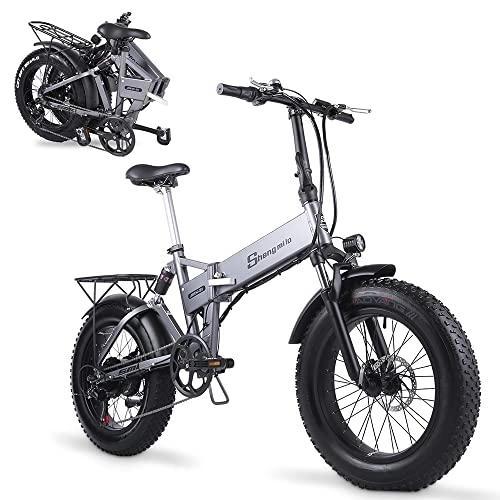 Electric Bike : Shengmilo MX21-Electric Bike for Adults, 20 x 4.0'' Fat Tire Folding Electric Bike with Full Suspension, 48V / 12.8AH Removable Battery Electric Bicycle with Shimano 7-Speed, Dual disc brakes ebike