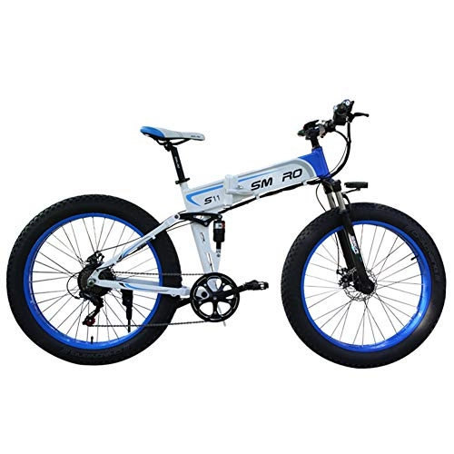 Electric Bike : SHJC 26'' Electric Mountain Bike, Electric fat Tire Bike with Removable 48V 8AH Lithium-Ion Battery 350W Motor, Foldable Pedal Assist E-bike, white blue