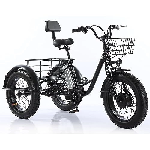 Electric Bike : SKVLF Electric Three Wheels Fat Tire Bike Three Wheel Adult Electric Bike, 50+ Miles, 48V Removable Battery, 20 Inch Fat Tire Electric Bike with Rear Basket