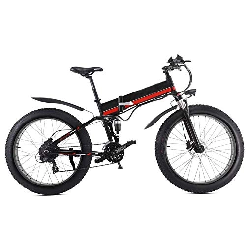 Electric Bike : Smisoeq Electric bike tire 26 inches thick foldable electric bicycle with 48V 12Ah lithium battery movable with the rear seat (Color : Red)