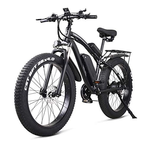 Electric Bike : Smisoeq Electric mountain bike, three loop modes, full suspension fork, bike tire 26 * 4.0, 1000w 48V electric mountain bike with a rear seat (Color : Black)