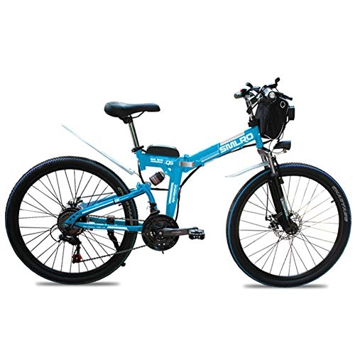 Electric Bike : SMLRO Folding E-bike for Adults, 26" Electric Mountain Bicycle with 1000W Motor, 48V 10Ah Battery, 27 Speed Transmission Gears (blue)
