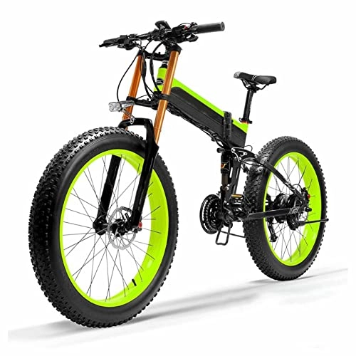 Electric Bike : Snow Electric Bike For Adults 1000W 18.6 Mph 48V 26 Inch Fat Tire Foldable Electric Sand Bicycle 21-speed, 5 Level Pedal Assist Sensor Ebike (Color : Green, Size : 1000W 10.4Ah)