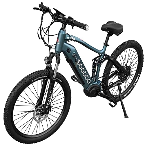 Electric Bike : SOODOO 27.5" Electric Mountain Bike for Adult. E-Bike with 250W High-Speed Mid-Drive Motor Built-in 36V-12AH Battery. Shimano TX30-7 Speed. Advanced LCD Display with Cruise Control