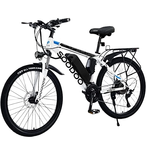 Electric Bike : SOODOO Electric Bike 26'' for Adults, Electric Mountain Bicycle with Rechargeable and Removable 36V 13AH Lithium-Ion Battery, Mountain Ebikes with 27 Speed Transmission Gears, MTB for Men Women-White