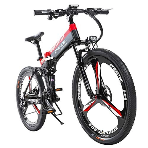Electric Bike : SPEED Electric Mountain Bike Foldable Bicycle Mens 26inch 27 48V10Ah Lithium Battery Bicycle For Adult Maximum Load 150kg Endurance 90KM Black+Red
