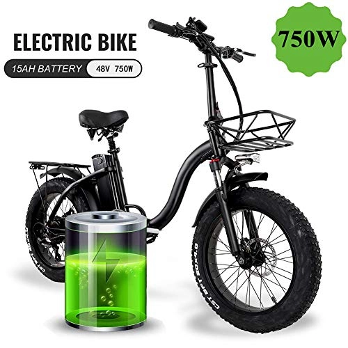 Electric Bike : SSQIAN 20 Inches Electric Folding Bike with 48V 750W 15Ah Lithium-ion battery, 4.0 Fat Tire Mountain Snow Bicycle, Pedal Assist E-bike with Basket