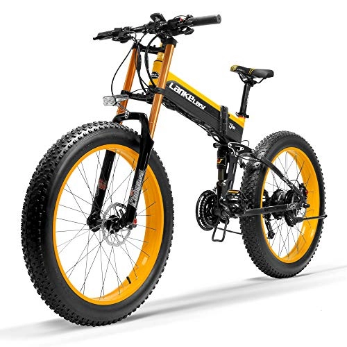 Electric Bike : T750Plus 27 Speed 1000W Folding Electric Bike 26*4.0 Fat Bike 5 PAS Hydraulic Disc Brake 48V 10Ah Removable Lithium Battery Charging, Pedelec(Black Yellow Upgraded, 1000W + 1 Spare Battery)