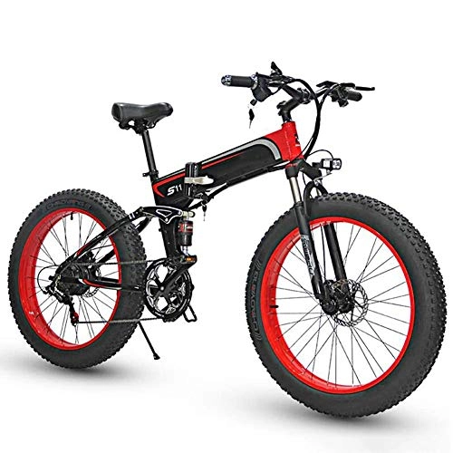 Electric Bike : TANCEQI Electric Folding Bike Fat Tire 26", City Mountain Bicycle, Assisted E-Bike Lightweight with 350W Motor, 7 Speed Shifter Accelerator, with LCD Screen, Red