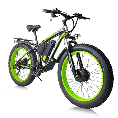 Electric Bike : TAOCI Electric Bike for Adults with Dual Motor, 26”*4.0 Fat Tire E-Bike, 48V 15Ah Electric Mountain Bike with Removable Lithium Battery and Shimano 21-Speed Gear (black green)
