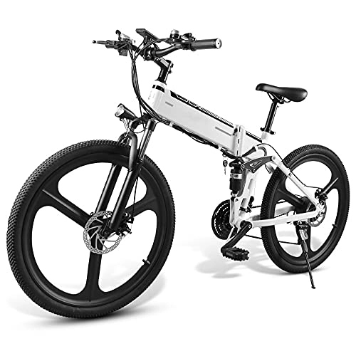 Electric Bike : TGHY Electric Mountain Bike 26" Folding E-Bike 48V 350W Motor Removable 10Ah Battery LCD Display with USB Pedal Assist 21-Speed 35KPH Full Suspension Electric Bicycle, White