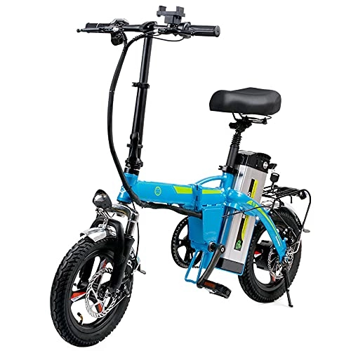 Electric Bike : TGHY Folding Electric Bike 14" E-Bike for Adults Removable 48V 10Ah Battery 400W Brushless Motor LCD Display Pedal Assist Full Suspension Fork Disc Brake Commuter Electric Bicycle, Blue