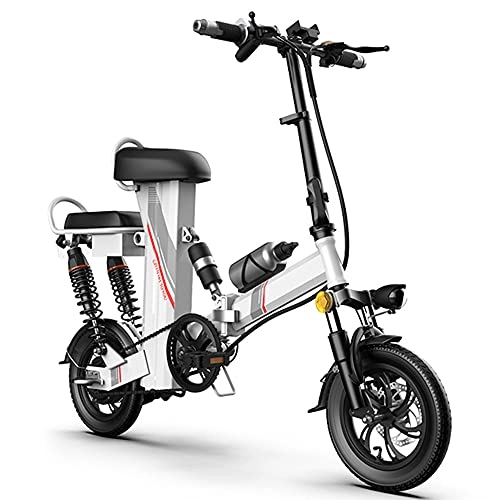 Electric Bike : TGHY Folding Electric Bike for Adults 350W Motor Ebike 12" Electric Commute Bicycle with Front Center and Rear Full Suspension Bottle Cage Removable 48V Battery, White, 15km