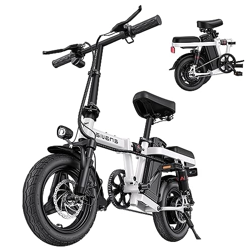 Electric Bike : TIGUOWISH Folding Electric Bikes for Adults ENGWE 14" Fat Tire City Commuter Ebike, 48V10AH Removable Lithium Battery with 4 Shock Absorptions Comfort Riding White