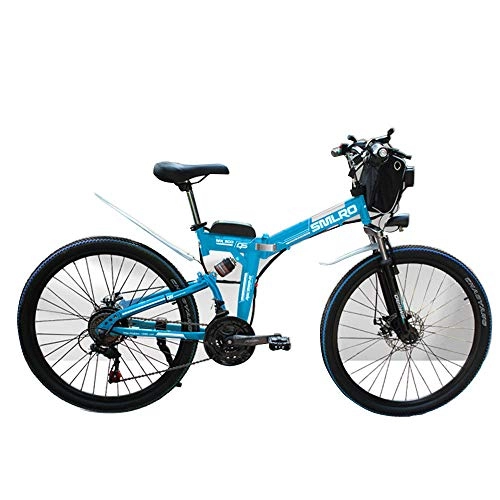 Electric Bike : TIKENBST 26 Inch Lithium Battery Folding Electric Bicycle Double Suspension Disc Brakes Mountain Electric Bicycle, Blue-350w40km