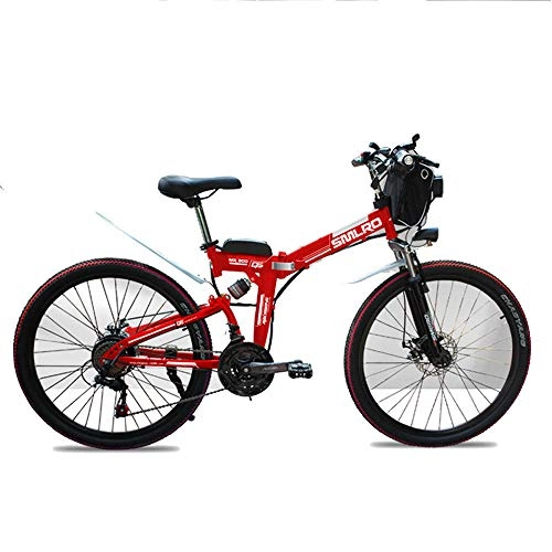 Electric Bike : TIKENBST 26 Inch Lithium Battery Folding Electric Bicycle Double Suspension Disc Brakes Mountain Electric Bicycle, Red-350w40km