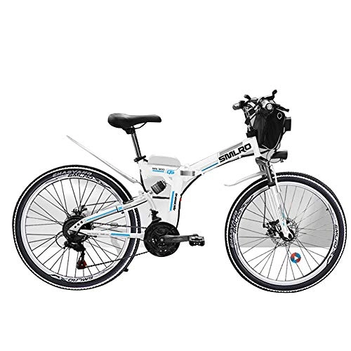 Electric Bike : TIKENBST 26 Inch Lithium Battery Folding Electric Bicycle Double Suspension Disc Brakes Mountain Electric Bicycle, White-350w55km